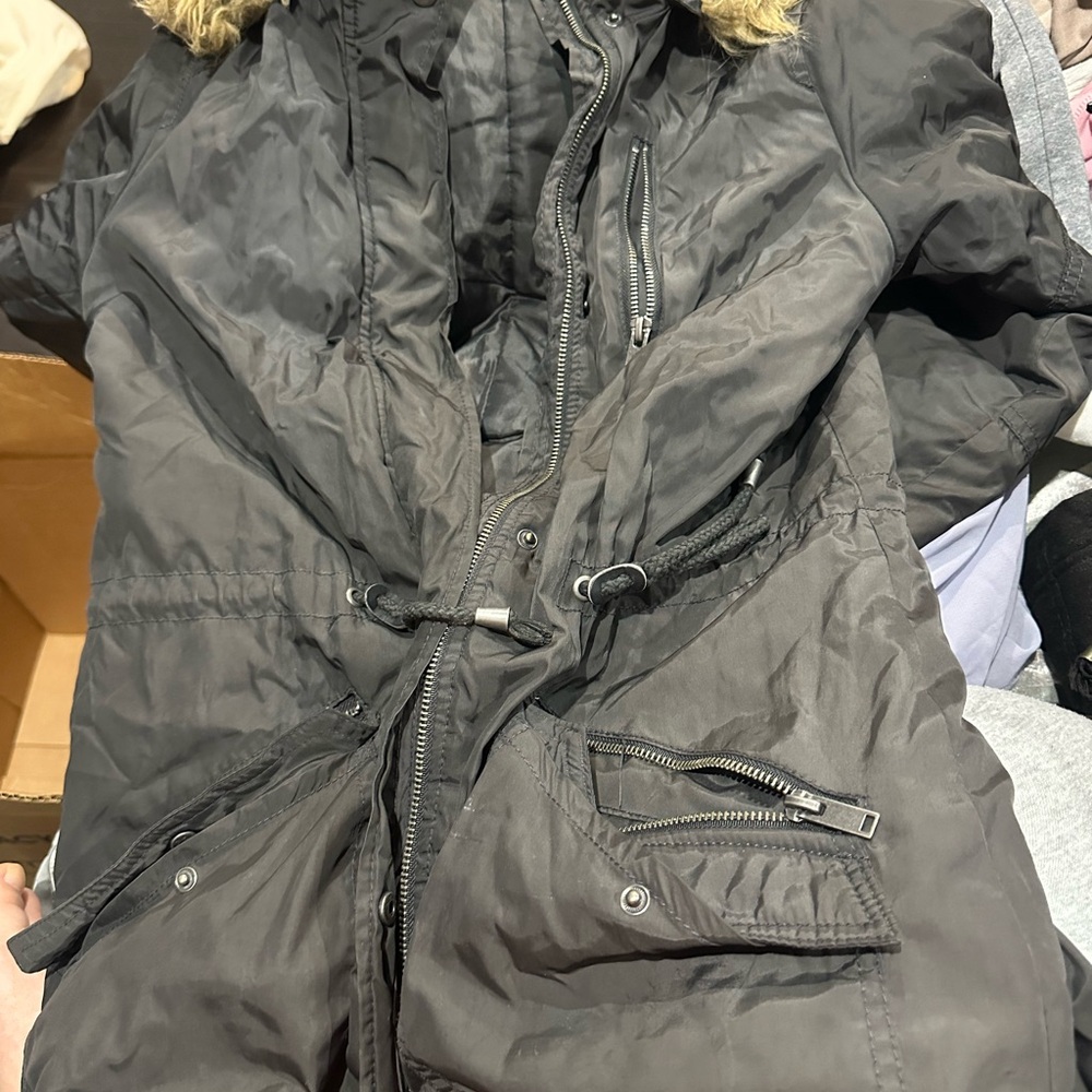 Black Hooded Parka with Fur Trim